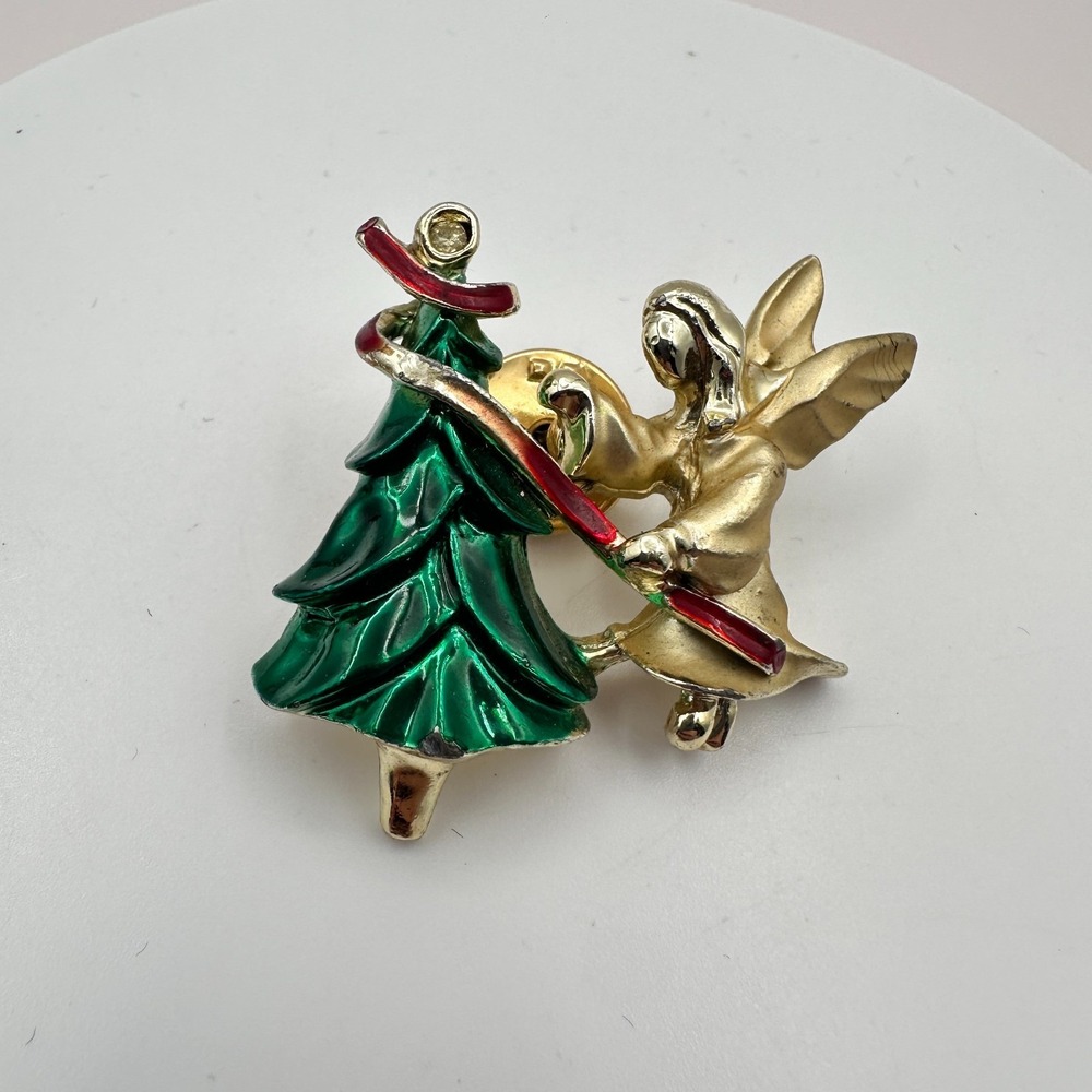 Vintage 90s Giusti Angel Christmas Tree Pin Brooch Gold Tone Enamel Jewelry